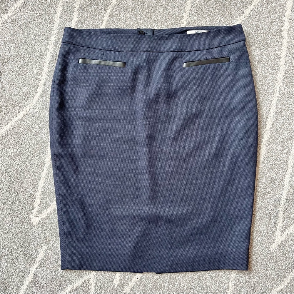 Mexx Metropolitan Navy Blue Woven Pencil Skirt w/ Faux Leather Details